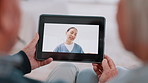 Video call, doctor and senior couple for healthcare support, virtual advice and telehealth service on tablet screen. Happy medical woman or nurse talking to elderly patient on digital technology app