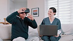 Senior, person and nurse or virtual reality headset for futuristic medicine, healthcare in metaverse. Old man, caregiver and technology laptop help for home consultation or gaming, fantasy as client