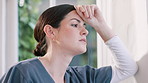 Tired woman, doctor and thinking by window in mistake, stress or anxiety from depression at home. Face of frustrated female person, nurse or medical caregiver in mental health or burnout at house