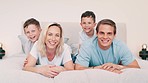 Face, relax and family with happiness, bed and peace with weekend break, bonding together and calm. Portrait, happy parents and mother with father, children and boys in a bedroom, cheerful and home