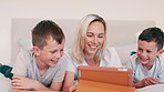 Mom, children and laugh with tablet in bedroom for games, elearning and reading ebook at home. Happy, mother and boy kids watching funny cartoon together, streaming digital multimedia or subscription