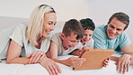 Children, parents and tablet on bed for funny video, online games and relax together with home education or meme. Excited family, mother and father with kids laughing on digital technology in bedroom