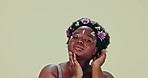 Skincare, portrait and flowers on face for black woman, self love and natural spring aesthetic in studio mockup. African model, beauty art or relax for spa, cruelty free or cosmetology by backdrop