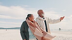 Senior, couple and pointing on beach with smile for vacation, holiday or adventure with blue sky and freedom. Black people, man or woman by sea or ocean with walking for experience, travel or happy