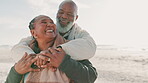 Senior, couple and hug on beach with love for vacation, holiday or adventure with romance and freedom. Black people, man or woman by sea or ocean and happy for experience, embrace or travel for fun