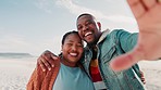 Outdoor, selfie and black couple with love, beach and vacation with honeymoon, summer or social media. Face, seaside or man with woman, tourism or break with post, profile picture or bonding together