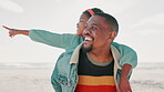 Father, beach and pointing with girl, happy and smile for joy, outdoor and lens flare. Parent, child and fun with dad, freedom or joy for childhood, carefree and weekend for laugh, enjoy and love
