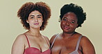 Body positive, diversity face and women solidarity, acceptance and natural self love, beauty or inclusivity. Woman empowerment, portrait or friends support, wellness or inclusion on studio background