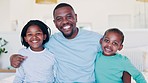 Portrait of love, father and children on bed with smile, trust and morning bonding in home. Happy black family, dad and kids in bedroom with hug, support and relax together for single parent weekend.