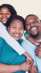 Portrait of mom, dad and children on bed with smile, trust and morning love in home. Happy black family, parents and kids in bedroom with hug, support and relax together for weekend bonding in house.