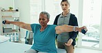 Physical therapy, dumbbell and senior woman doing arm exercise, orthopedic healing or rehabilitation training. Physiotherapist, progress assessment test and helping senior client with muscle workout