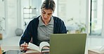 Physiotherapist, woman and research for wellness in office with notebook, laptop and tablet for treatment plan. Female person, alone and reading for knowledge, information or schedule for patients