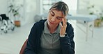 Face, woman and headache for stress with job, career or occupation in physiotherapy. Female doctor, alone and suffering from burnout, mistake or migraine with mental health for overtime in office