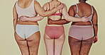 Body positive, underwear or back of women hug, solidarity and fashion for natural beauty, acceptance or inclusion. Woman empowerment embrace, friends group or lingerie shape size on studio background