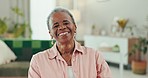Happy, laugh and face of senior black woman in retirement home with cheerful, joy and smile in house. Sofa, living room and portrait of elderly person with confidence, relax and happiness in morning