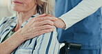 Nurse, woman in wheelchair and holding hands for support, empathy and hope after cancer. Caregiver, elderly patient with a disability and comfort closeup for kindness, medical help and healthcare