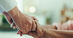 Nurse, senior woman and holding hands for support, empathy and hope after cancer. Caregiver, elderly patient and comfort closeup for kindness, medical help and trust, healthcare and rehabilitation