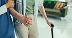 Walking stick, nurse hands and helping senior patient with healthcare, home services and retirement mobility. Physiotherapy, caregiver or doctor support elderly person with disability and balance