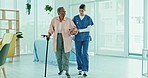 Doctor, senior woman and walking stick for physiotherapy support, healthcare service or physical therapy. Physiotherapist, medical worker or nurse helping elderly patient with disability and balance