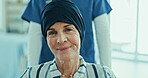 Face, cancer and a senior woman in a wheelchair at the hospital with a nurse for medical healthcare. Portrait, recovery or treatment with an elderly patient and medicine professional in a clinic