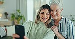 Selfie, love and woman with senior mother in a living room with memory, moment or bond. Phone, profile picture and female person with elderly mom in a living room pose for social media, blog or post