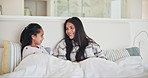 Mom, girl and talk in bed, morning and happy to relax on holiday, bonding and care for love in family home. Wake up, mother and daughter with conversation, chat and happy for trust, bedroom and house