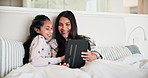 Mother, child and laugh with tablet in bedroom for online games, download multimedia and reading ebook story. Happy mom, kid and digital tech for elearning, streaming cartoon and funny movies at home