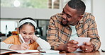 Home school father, notebook or child learning, practice lesson and writing notes, homework or info. Dad, talk or family help, support and teaching kid youth development, education or knowledge study