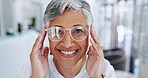 Glasses, shopping and senior woman portrait with check and optometrist with eye test. Decision, customer and store with prescription eyewear and lens with frame choice and smile at a retail shop