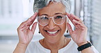 Glasses, shopping check and senior woman face with optometrist with eye test. Decision, customer and eyeglasses store with prescription eyewear and lens with frame choice and smile at a retail shop