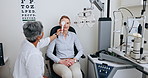 Eye exam, consultation and optometrist cover woman, client or patient vision for eyesight, ocular test or analysis. Ophthalmology support office, optometry service and person examination assessment
