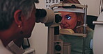 Optometrist, woman and eye exam machine for sight check or vision laser, health care or glaucoma scanning. Patient,  help and service for prescription or retina clinic or consulting, test or analysis