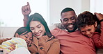 Mother, father and children love on sofa in home or family development, bonding or relax holiday peace. Interracial, son and daughter hug on couch or youth safety or parent trust, vacation or weekend