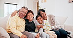Face of family, grandparents and children happy together on the sofa in a living room of their home for visit. Portrait of a senior man and women with kids on a couch with a smile, love and care