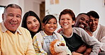 Face of family, grandparents and parent with children happy together on sofa in living room of their home for visit. Portrait of a senior man and women with kids on a couch with smile, love and care