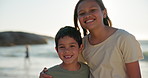 Face, brother and sister on beach and happy for travel, vacation or holiday with sunshine or lens flare. Family, boy and girl child by ocean or sea in summer with smile for adventure and experience