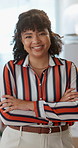 Happy, crossed arms and face of business woman in the office with positive, good and confident attitude. Smile, legal career and portrait of professional young female lawyer from Mexico in workplace.