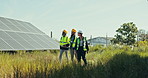 Group, engineer and people with solar panel, outdoor and nature with teamwork, walking and cooperation. Staff, manager and employees with sustainable installation, renewable energy and contractor