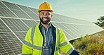 Happy man, engineer and solar panel for renewable energy or eco friendly environment in nature. Portrait of person, contractor or technician smile for outdoor electrical installation in countryside