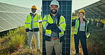 Face, people or team for smile of solar panel, installation or renewable energy for sustainable development. Diverse group, engineer or happy by arms crossed for decision in career, job or occupation