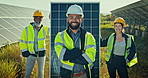 Face, man and woman with smile for solar panel with teamwork for installation of alternative energy for sustainability. Diverse group, engineer or together by excited for collaboration of maintenance