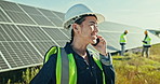 Woman at solar panel farm with phone call, clean energy and outdoor electricity grid maintenance. Sustainability, photovoltaic power system and technician with smartphone, conversation and networking