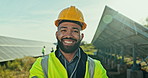 Face, outdoor and man with solar panels, engineering and hard hat for safety, renewable energy and plan for growth. Portrait, employee and inspector with happiness, outside and manager with industry