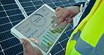 Solar panels, hands and technology screen or tablet for data analysis of eco friendly heating, power and energy saving stats. Engineering person on digital app, photovoltaic grid and graphs or charts