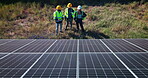 Solar panels, engineering people and farm teamwork for renewable energy solution, electricity and eco friendly power. Above of contractor or group planning outdoor, agriculture or photovoltaic grid