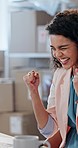 Laptop, success and logistics with a business woman in celebration in her shipping or distribution workplace. Computer, ecommerce or delivery with a happy young person cheering in a retail office