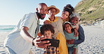 Tongue out, selfie and big family at a beach for travel, adventure or bond in nature together. Freedom, phone and kids with grandparents, parents and app at the sea for crazy vacation profile picture