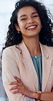 Happy, face and business woman with arms crossed in office confident, proud and excited. Smile, face and portrait of female entrepreneur with career pride, positive mindset and power pose at startup