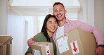Couple, boxes and happy for real estate, new home or property investment in hallway of house. Mortgage, man and woman with hug, cardboard and package for moving in, apartment or relocation embrace