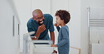 Child, learning and brushing teeth with dad in bathroom, morning and self care in family home. Teaching, grooming and father with kid in dental routine with toothpaste and toothbrush for oral health